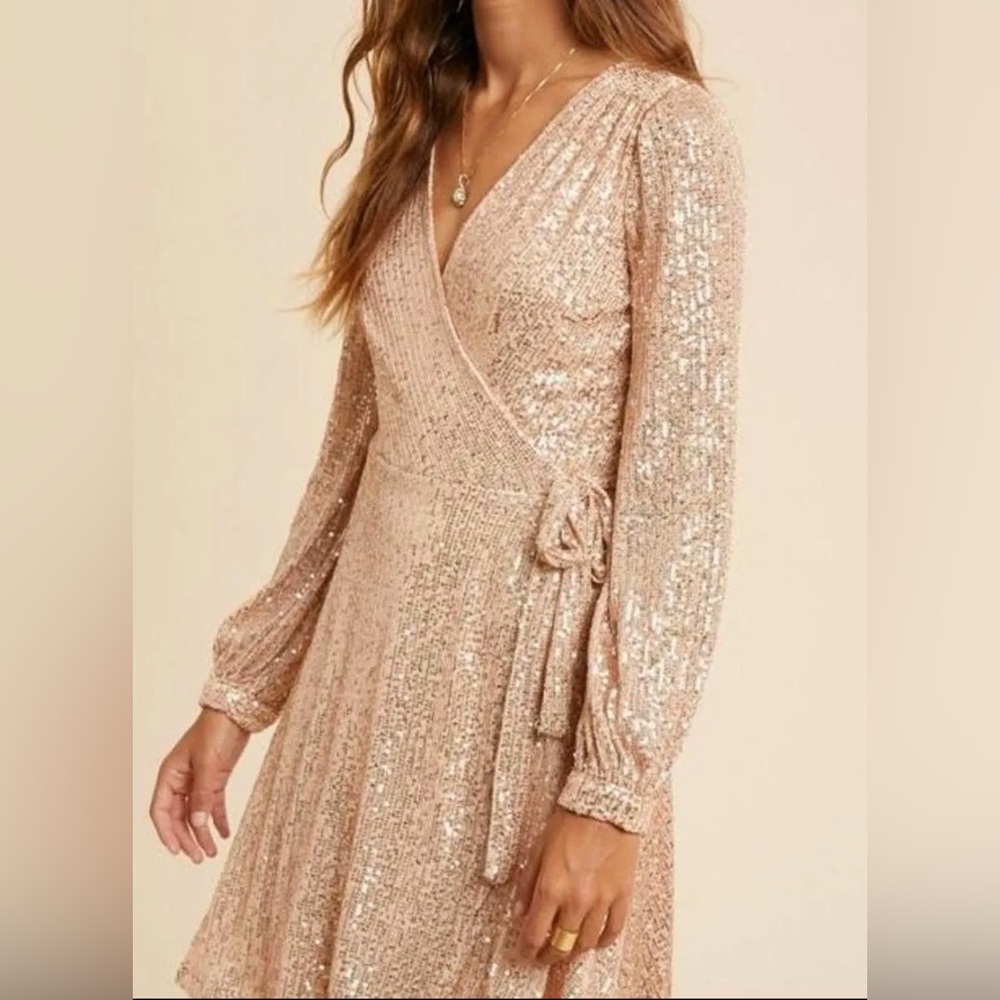 Sequin Sparkly Rose Gold Wrap Long Sleeve Dress - Small